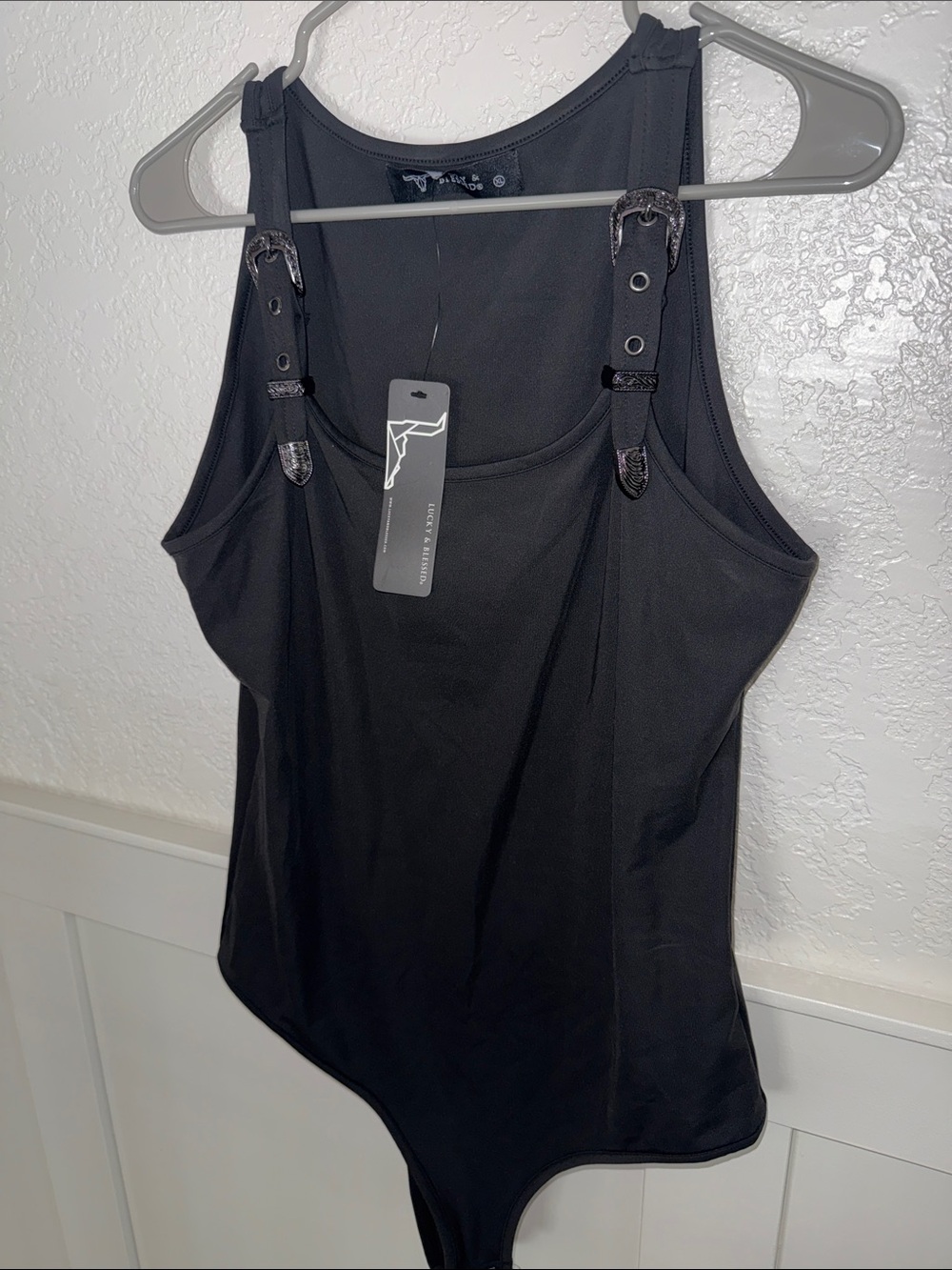 Lucky & Blessed Black Buckle-Strap Bodysuit